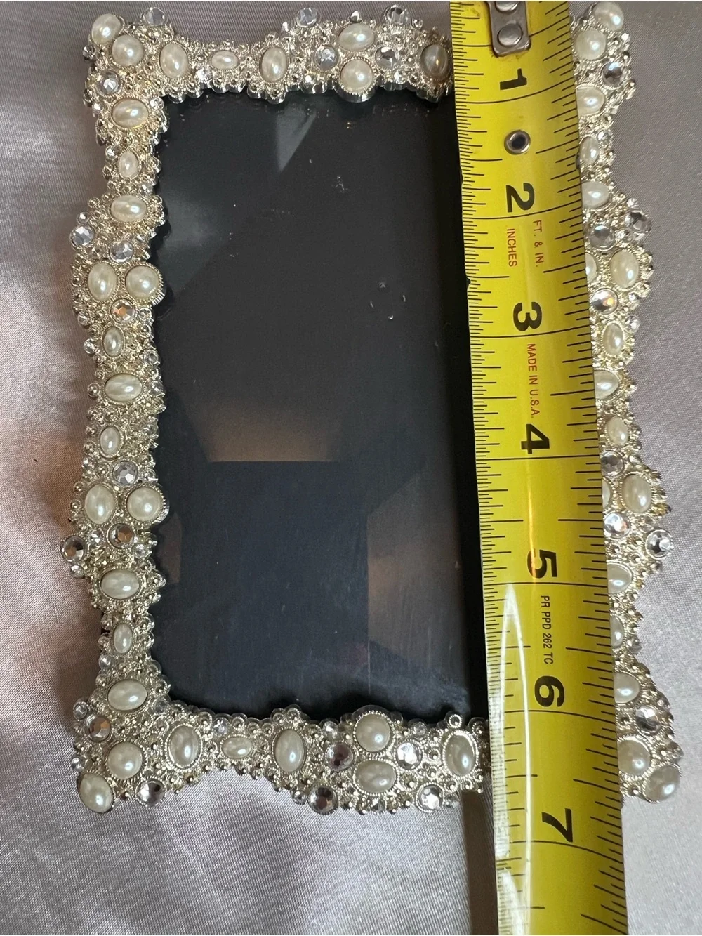 Vintage Baroque Pearl & Rhinestone Picture Frame • Ornate Silver Tabletop Decor